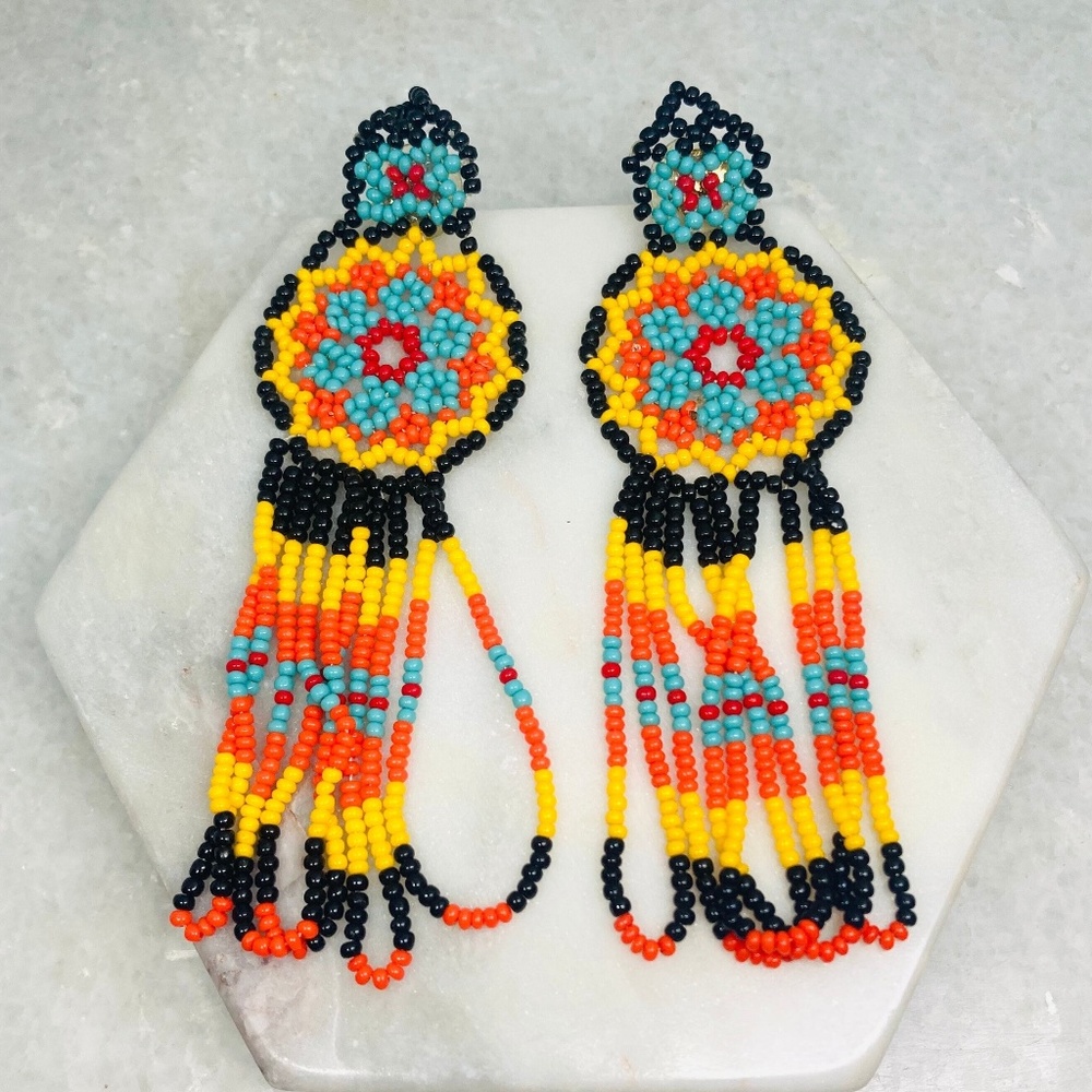 Stunning Seed Bead Vintage Dream Catcher Dangle Earrings Turquoise Red 4”